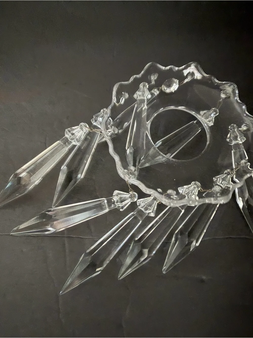 Pair of Cambridge Glass Candle Holders Fish Figure Bases w/Crystal Prisms 9,5